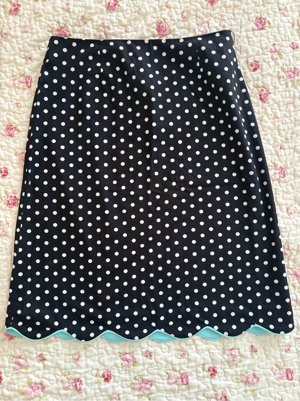 Vintage Harold's Black and White Polka Dot Pencil Skirt with Aqua Scallop Trim